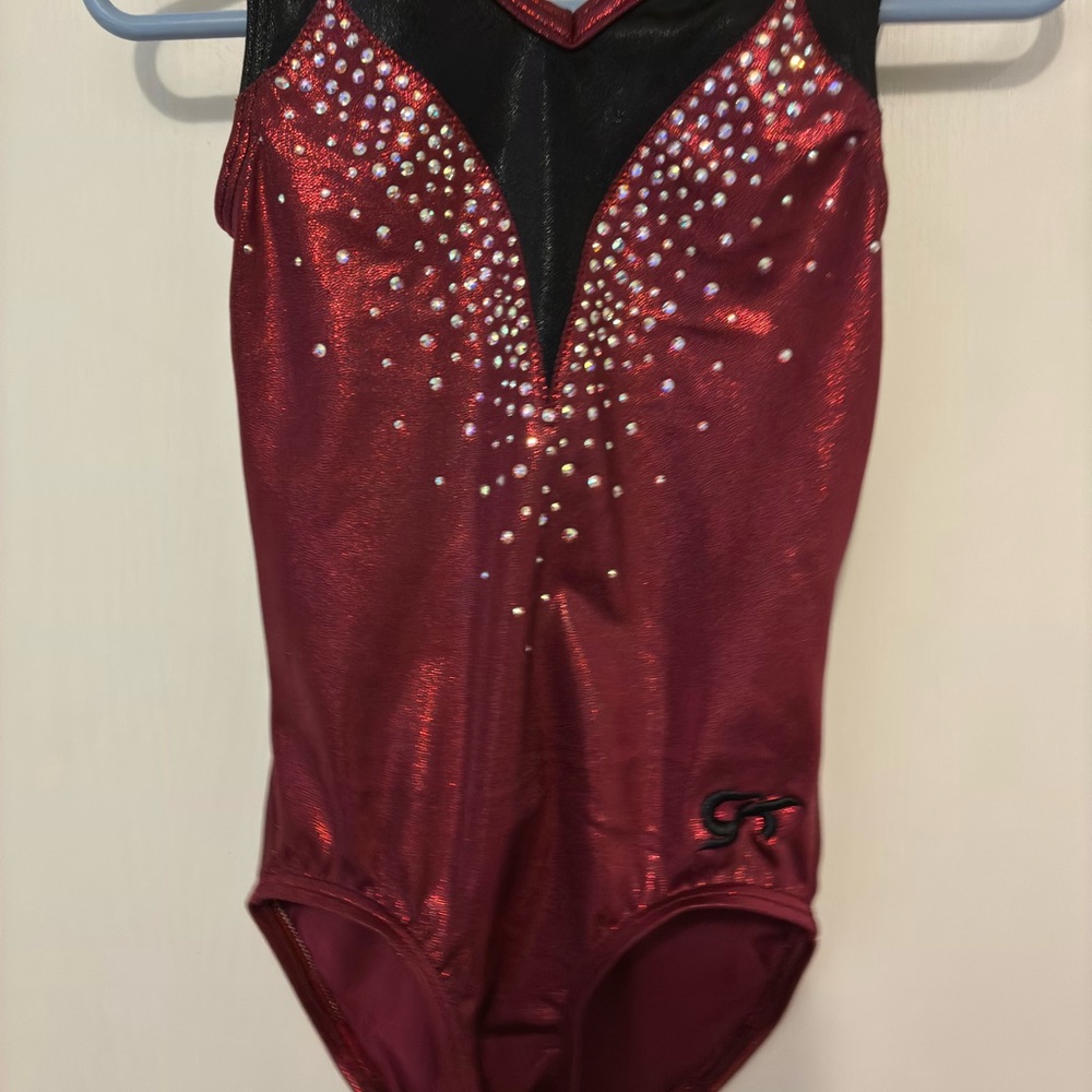 GK Red Metallic Leotard with Black Accents and Rhinestones